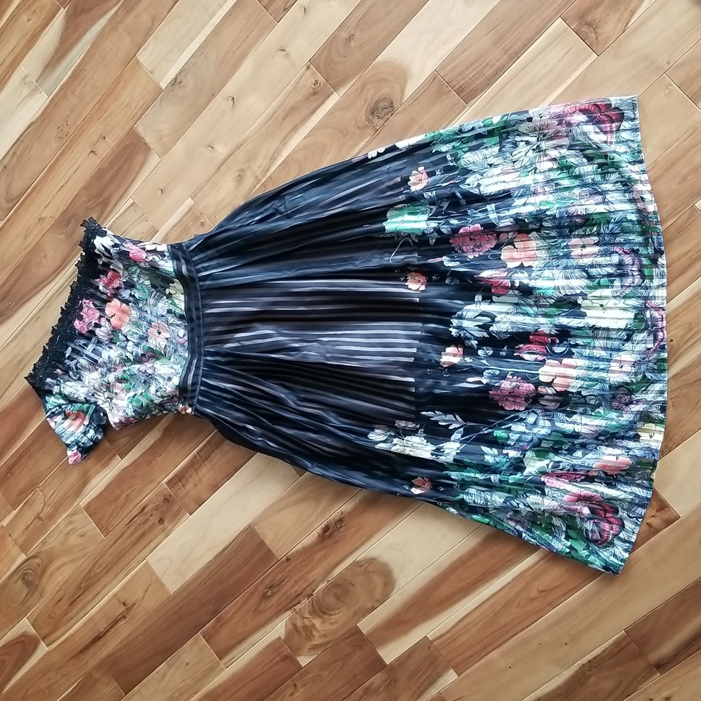 foxiedox One-Shoulder Floral Pleated Midi Dress in Black and Multicolor